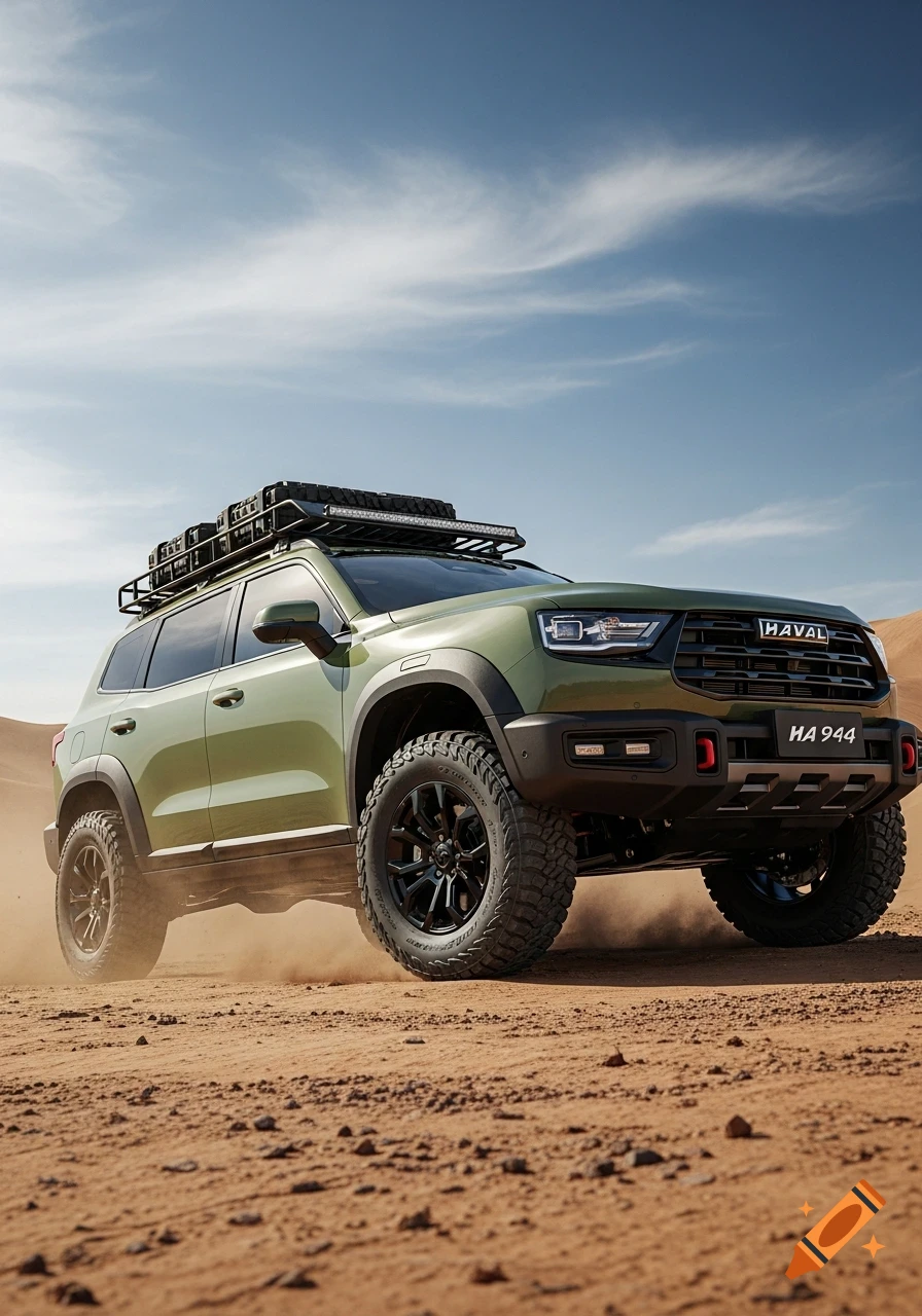 A khaki green Haval H5 SUV with off-road tires and a roof rack drives through a sandy desert under a blue sky.