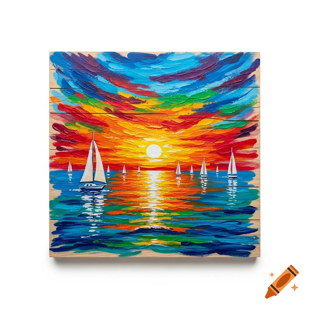 A vibrant impasto painting on wood planks depicts sailboats on a colorful sea at sunset under a rainbow sky.