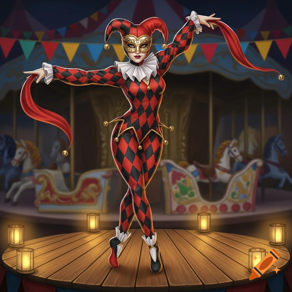 A female harlequin jester in a red and black diamond-patterned suit and gold mask dances on a stage with a carousel in the background.