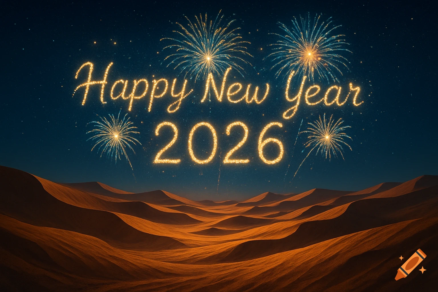 "Happy New Year 2026" text formed by sparkling fireworks over a landscape of desert dunes under a starry night sky.