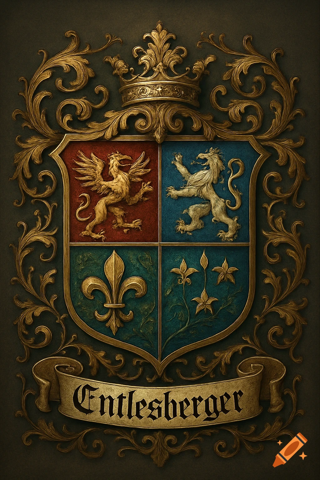 Ornate gold family crest with a crown, red and blue shield featuring a griffin, lion, fleur-de-lis, flowers, and "Entlesberger" banner.