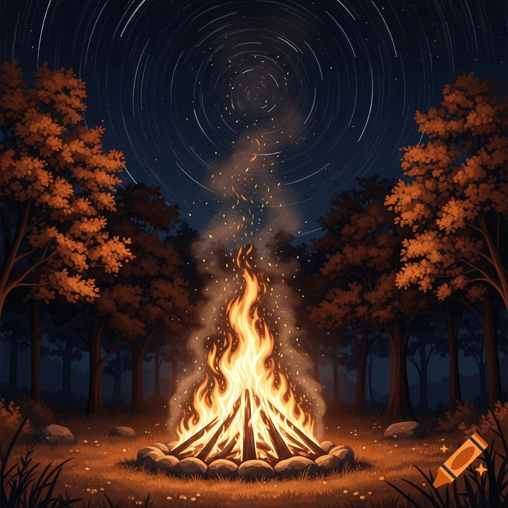 Stylized image of a bright bonfire in a dark forest clearing under a night sky with star trails.