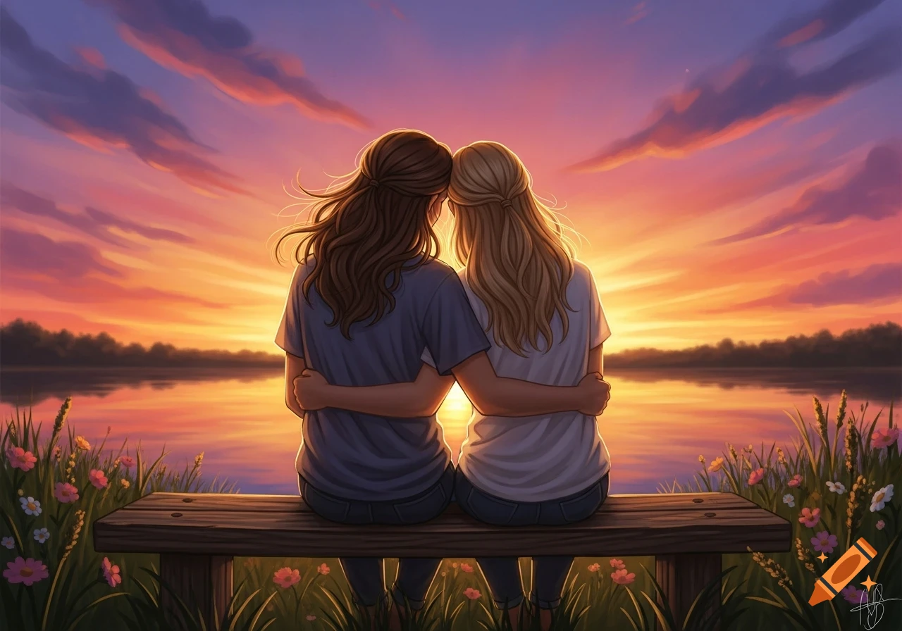 Two women with brown and blonde hair embrace on a bench, watching a vibrant sunset over a lake, illustration.