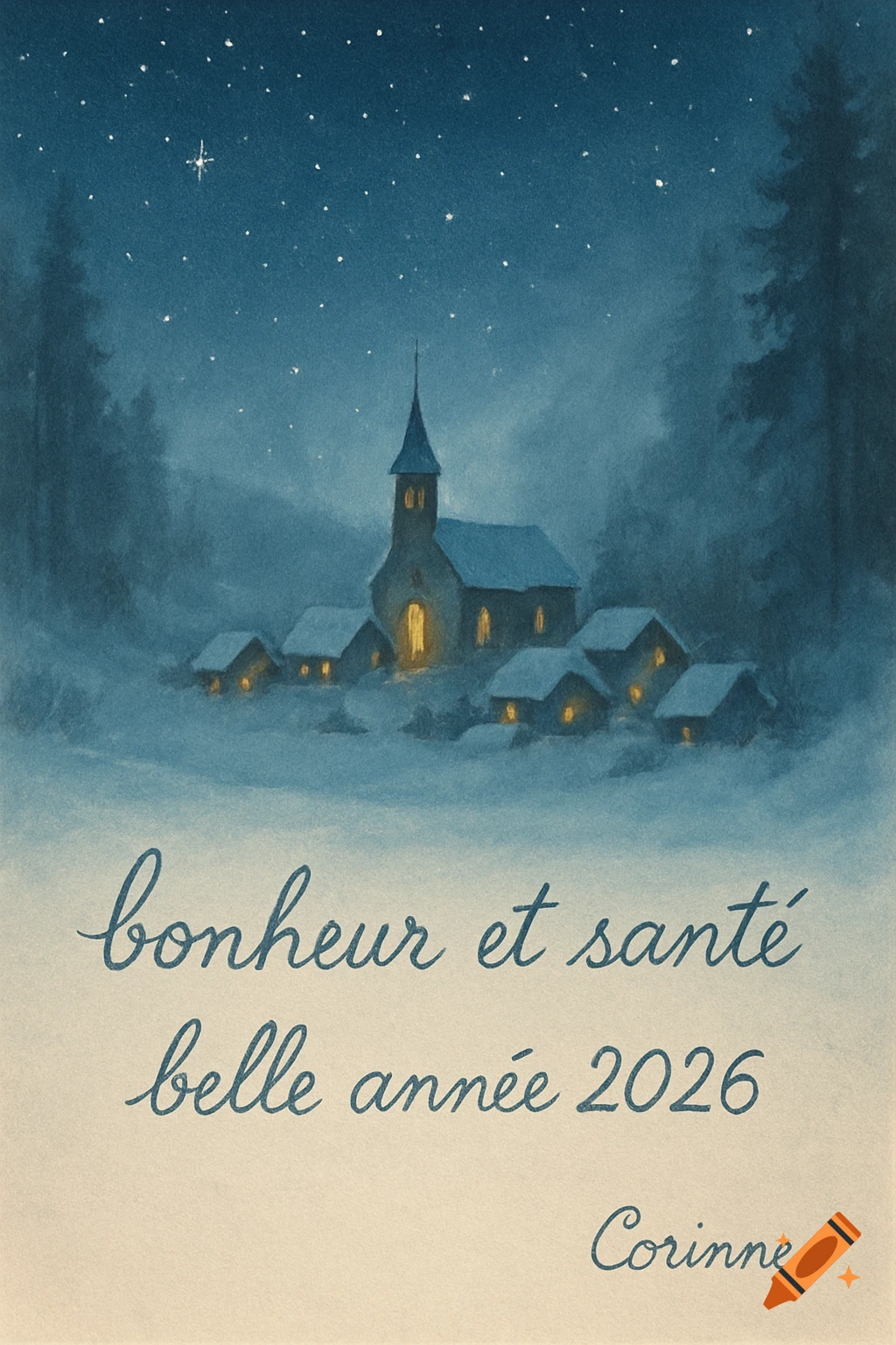 Watercolor painting of a snowy village and church under a starry night sky, with French New Year's greetings.