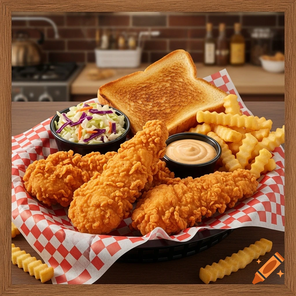 A basket of crispy fried chicken tenders, crinkle-cut fries, coleslaw, dipping sauce, and toasted bread on a red and white checkered liner, against a blurry kitchen background.