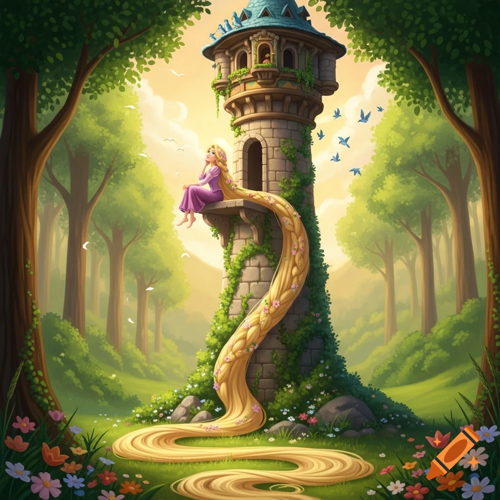 Rapunzel sits in a tall, ivy-covered tower window in an enchanted forest, her long golden braided hair cascading to the flower-filled ground below.