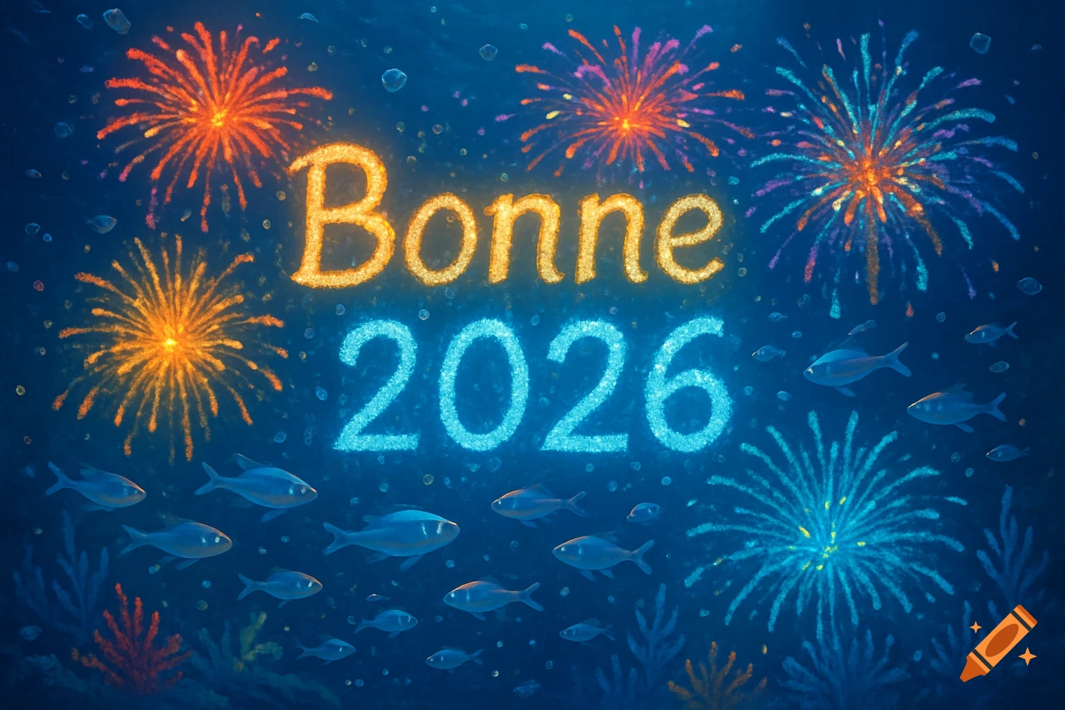 Glowing "Bonne 2026" text with vibrant fireworks and swimming fish in a dark blue underwater scene.