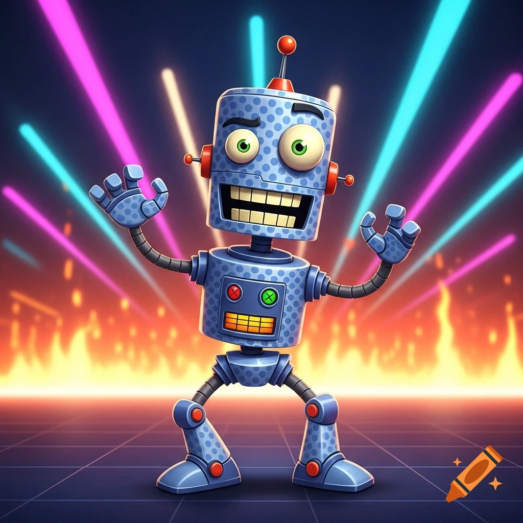 A goofy blue cartoon robot with big eyes and a wide grin dances with flailing arms in front of colorful neon lights and orange flames.
