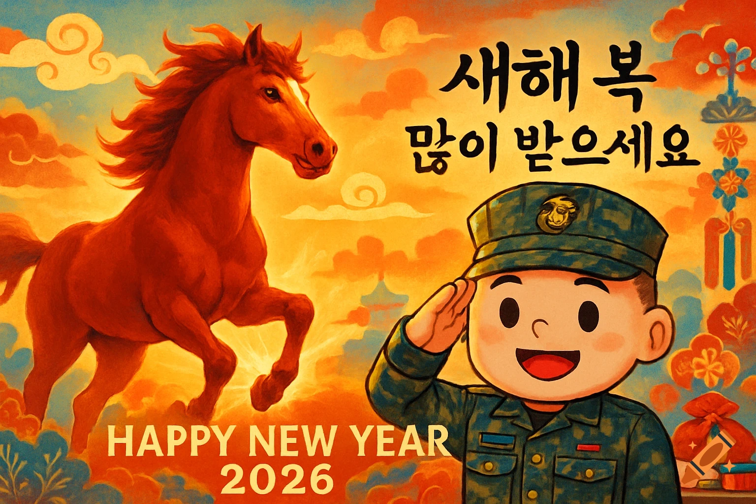 A vibrant New Year card featuring a galloping red horse and a cute cartoon soldier saluting. Text reads 'HAPPY NEW YEAR 2026' and '새해 복 많이 받으세요'.