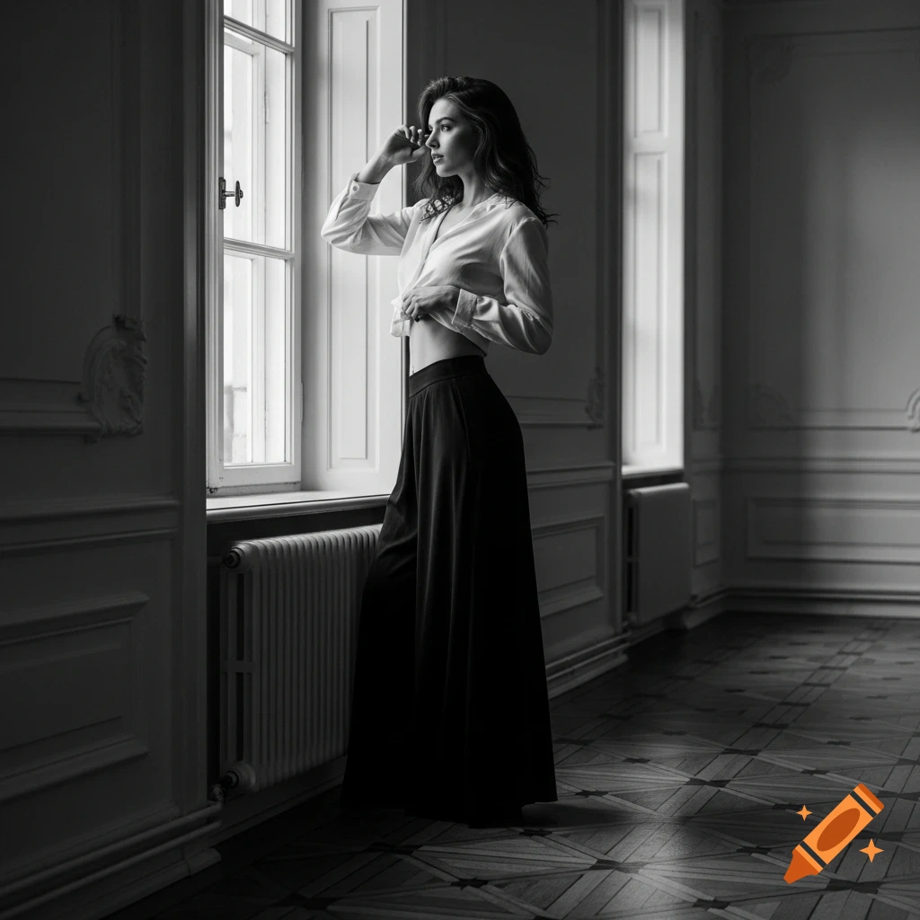 A stylish woman in a long skirt and open shirt looks out a tall window in a large, ornate room, captured in a dramatic black and white photograph.