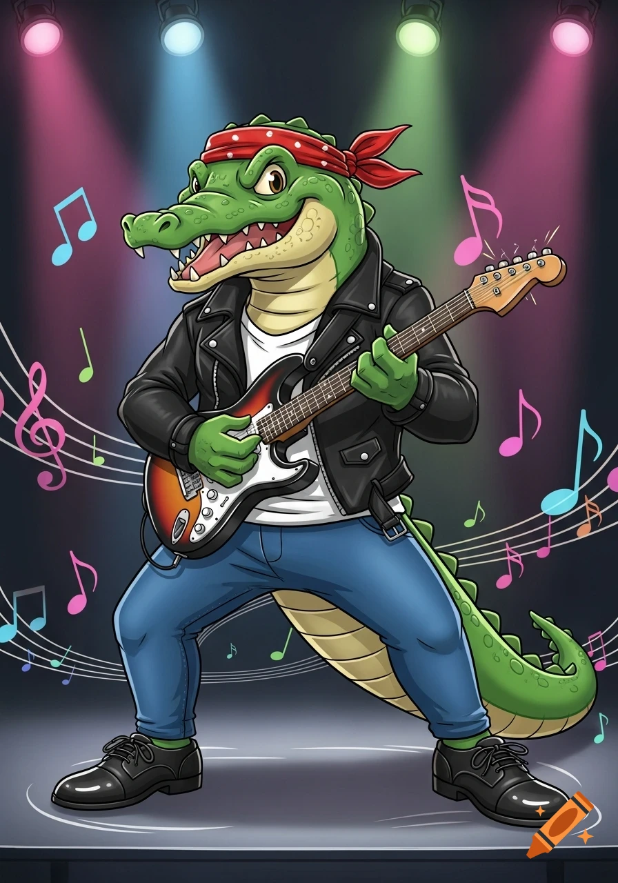 A cartoon alligator wearing a red bandana, leather jacket, jeans, and dress shoes, playing an electric guitar on a stage with colorful spotlights.
