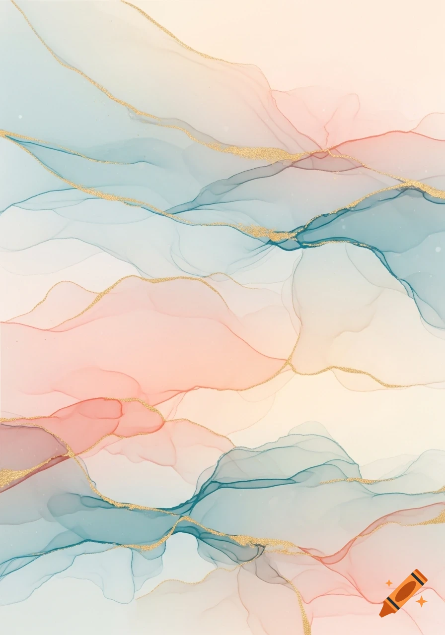 Abstract fluid art with flowing pastel pink, teal, and light blue layers, accented by shimmering gold glitter lines.