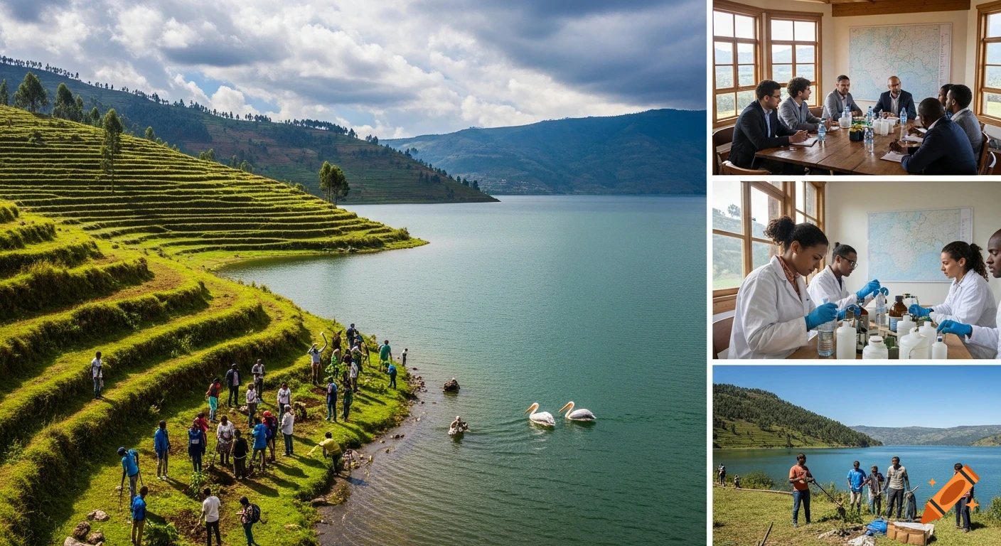 Collage showing a terraced hillside by a lake with people, scientists in a lab, and a business meeting, all in an Ethiopian highland setting.