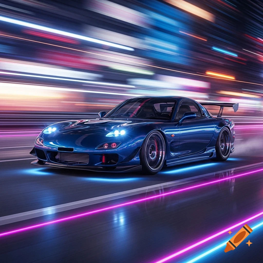 A dark blue Mazda RX7 sports car speeds down a neon-lit highway at night, surrounded by streaks of light.