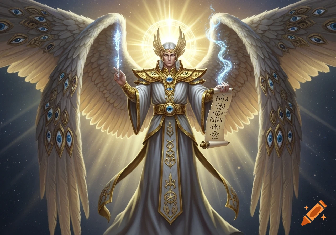 A radiant Metatron with large wings adorned with many eyes, wearing white and gold robes, holding a glowing staff and a scroll with symbols.