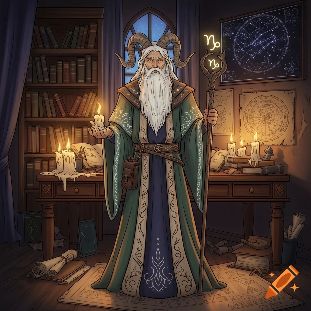 A wise wizard with ram horns, long white beard, holding a candle and staff with a Capricorn symbol, in a candlelit study.