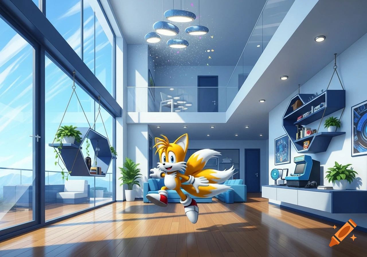 Tails from Sonic the Hedgehog stands happily in the foreground of a ...