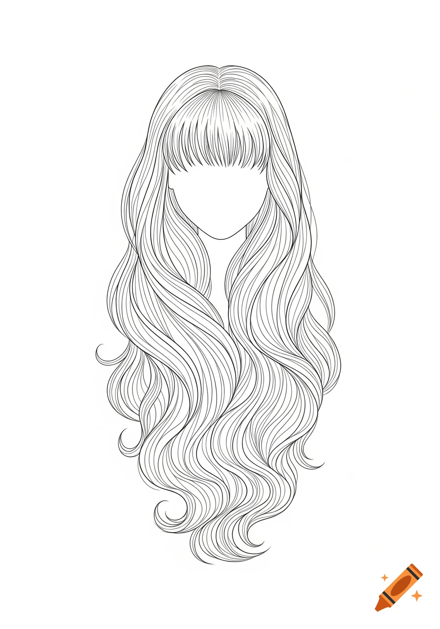 Outline drawing of long wavy hair with bangs on a white background.