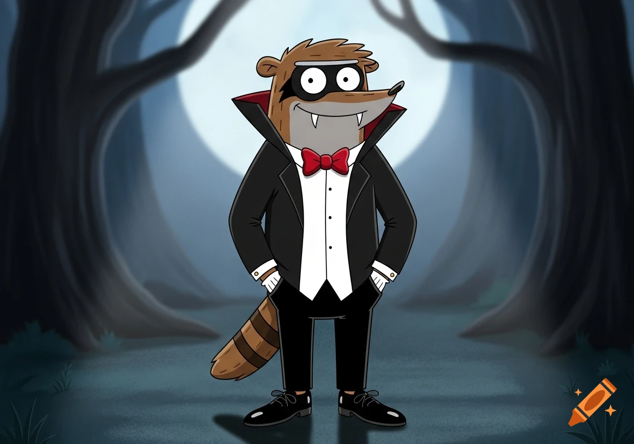 Cartoon character Rigby dressed as a vampire in a tuxedo with fangs, standing in a dark forest under a full moon.