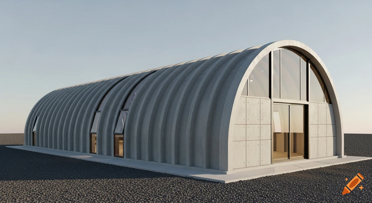 A photorealistic architectural rendering of a modern curved concrete quonset building with large glass windows and doors.