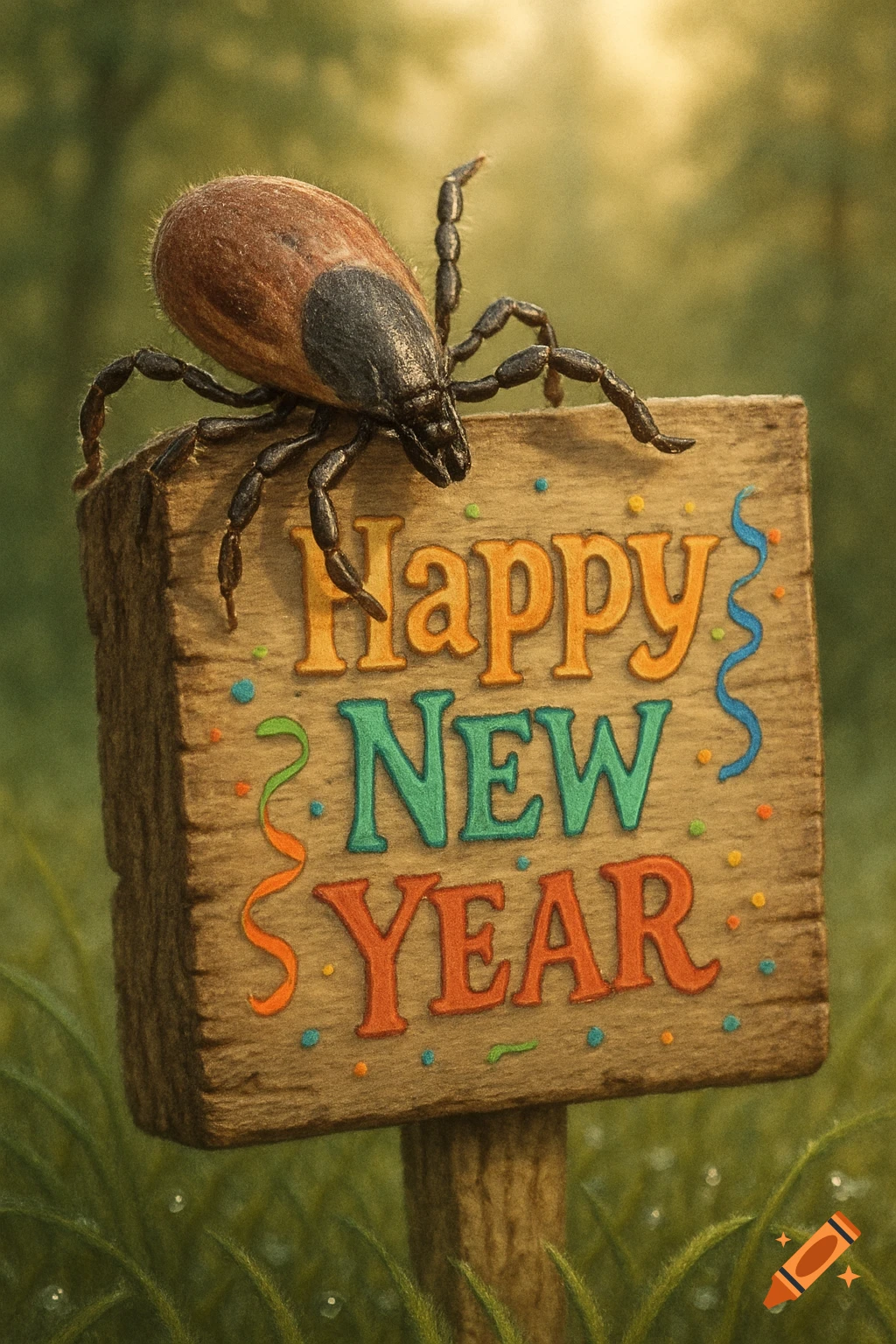 A realistic tick sits atop a rustic wooden sign in grass, displaying 'Happy New Year' in colorful text.