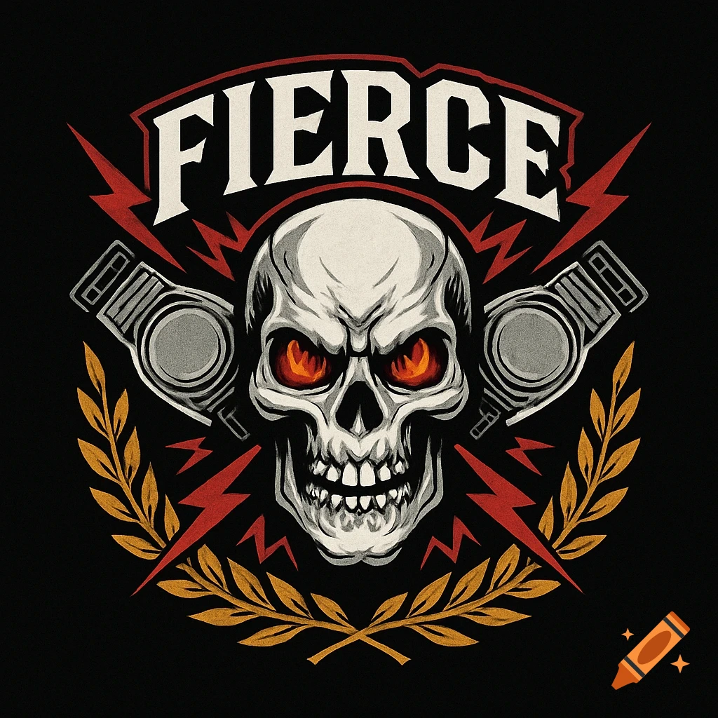 A stylized pro wrestling logo features a fierce skull with glowing red eyes, flanked by engine components and lightning, above a laurel wreath, with the word FIERCE.