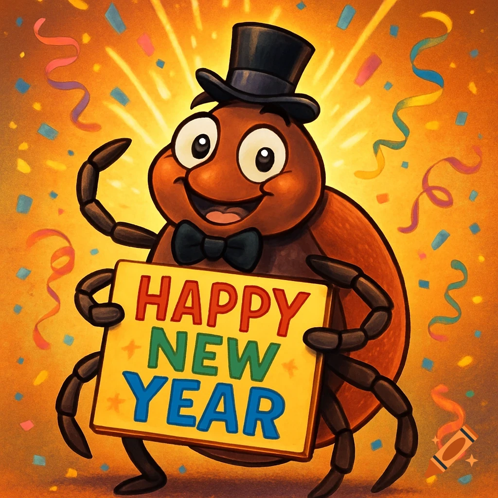 Cartoon tick wearing a top hat and bowtie, holding a 'HAPPY NEW YEAR' sign amidst confetti and streamers.