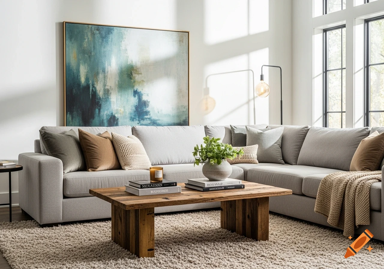 A modern living room with a gray sectional sofa, a wooden coffee table, a shaggy rug, and abstract art.