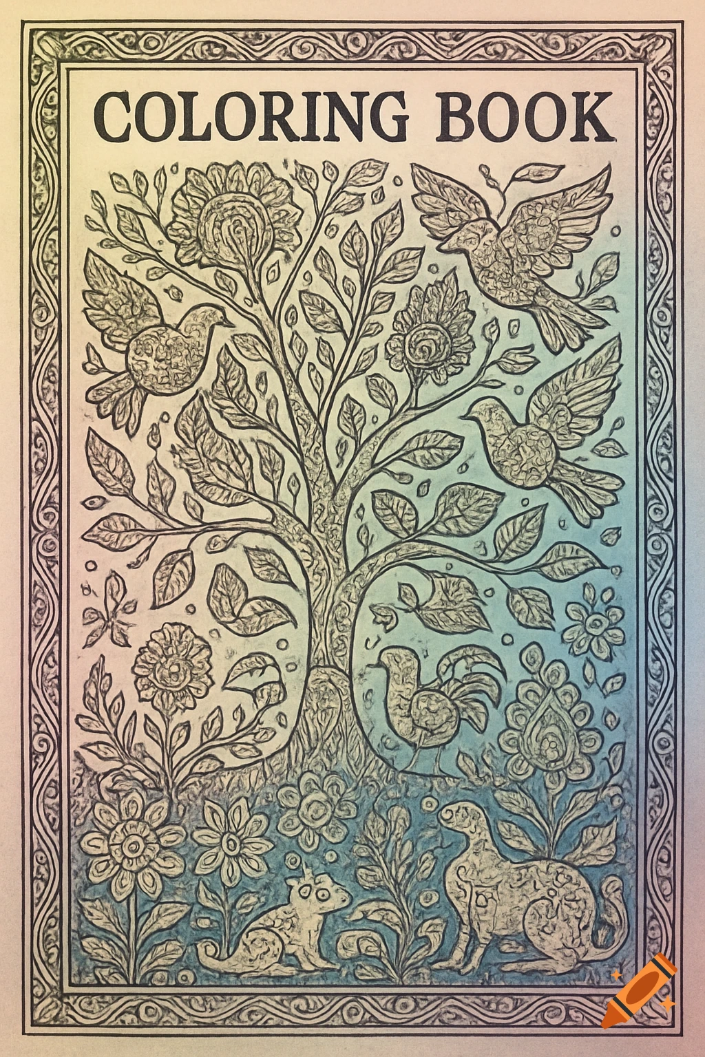 A coloring book cover showing a central tree, birds, flowers, and small animals in a detailed outline illustration.