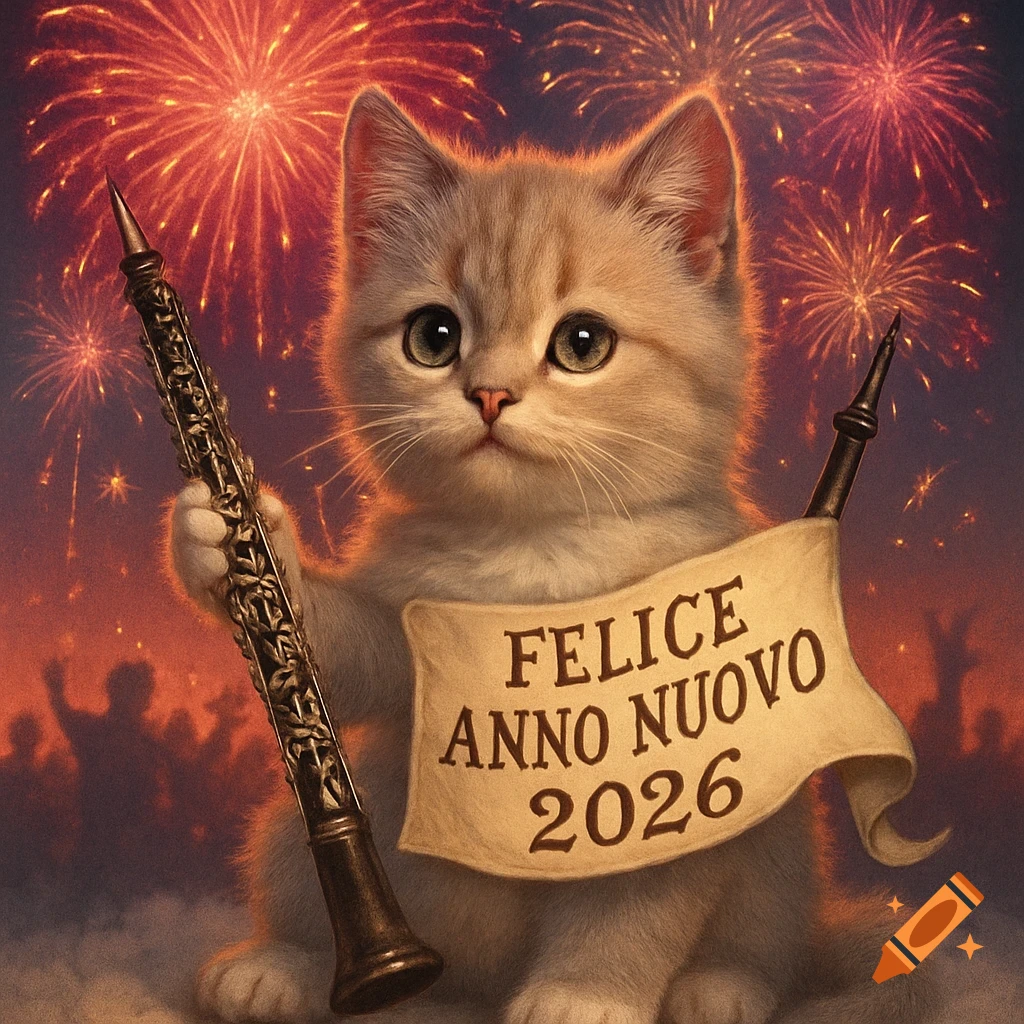 A fluffy kitten holds an oboe and a banner with "Felice Anno Nuovo 2026" under a night sky bursting with fireworks.