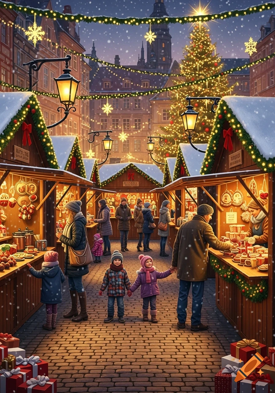 A vibrant Christmas market scene at dusk, with snow falling, illuminated stalls, a large decorated tree, and people enjoying the festive atmosphere.