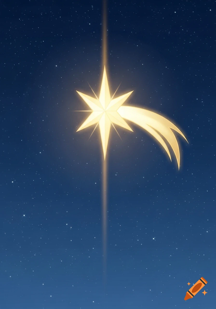 An illustration of a bright golden star with a long, curved tail and a light beam, set against a deep blue starry night sky.