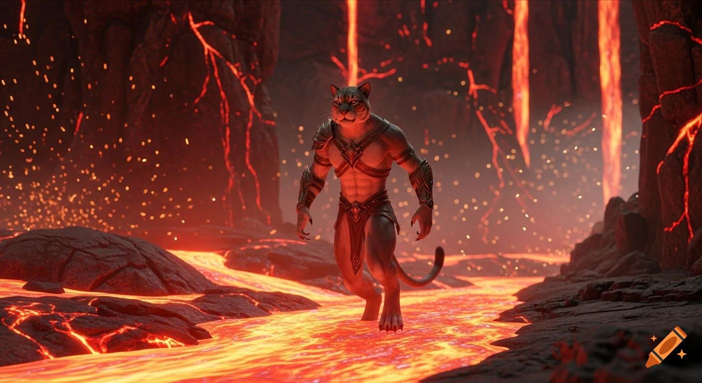 A powerful, muscular feline humanoid in mystical armor walks through a glowing, jagged lava cavern with sparks rising into the smoky air. Cinematic fantasy art.