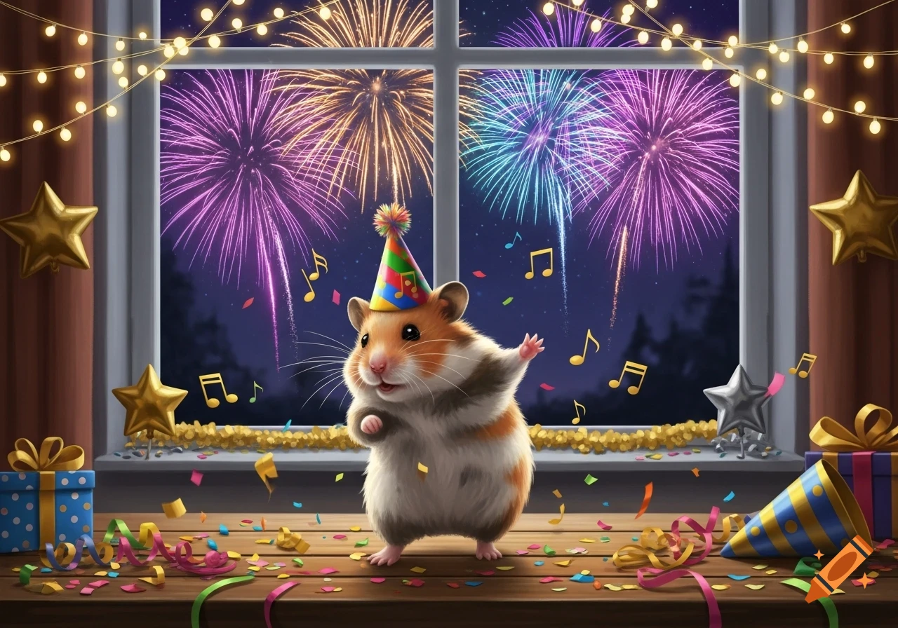 A cute hamster in a party hat dances on a table with confetti and gifts, with colorful fireworks visible through a window.