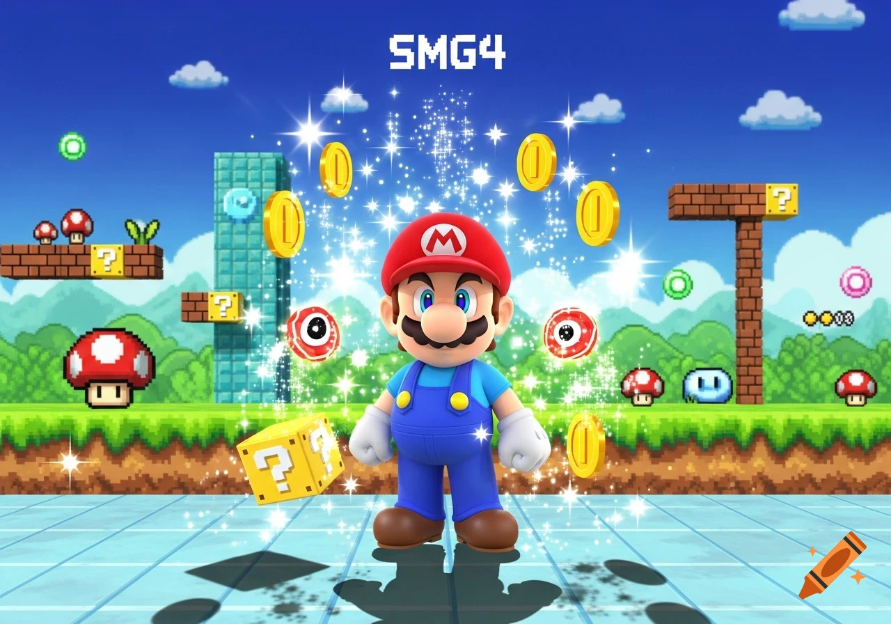 Mario stands among coins and power-ups in a pixelated Super Mario Bros. style video game landscape with 'SMG4' text.