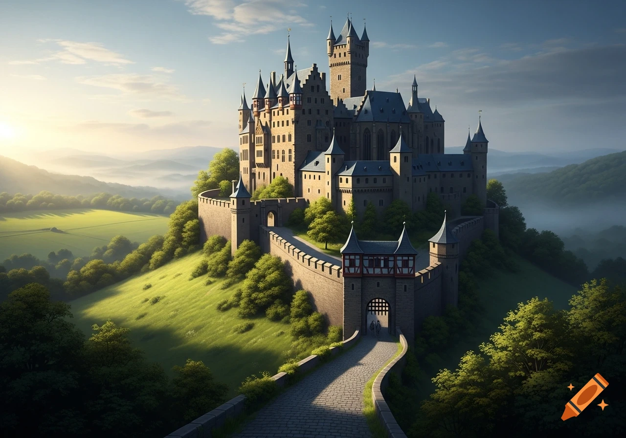 A grand medieval-style castle sits atop a lush green hill with a winding path leading to its gates, bathed in golden sunlight.