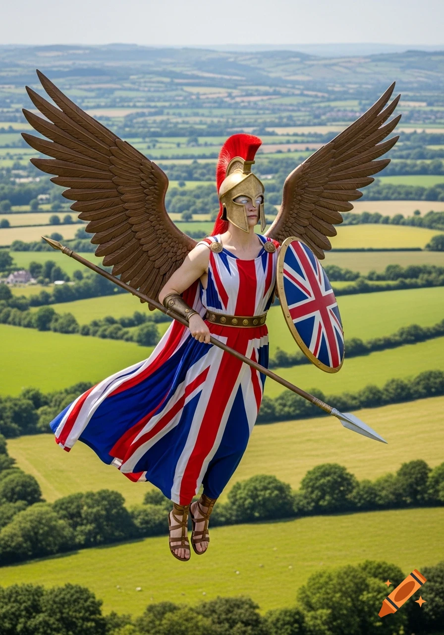 A photorealistic winged humanoid in a Spartan helmet and Union Jack robe, holding a spear and shield, flies over the British countryside.