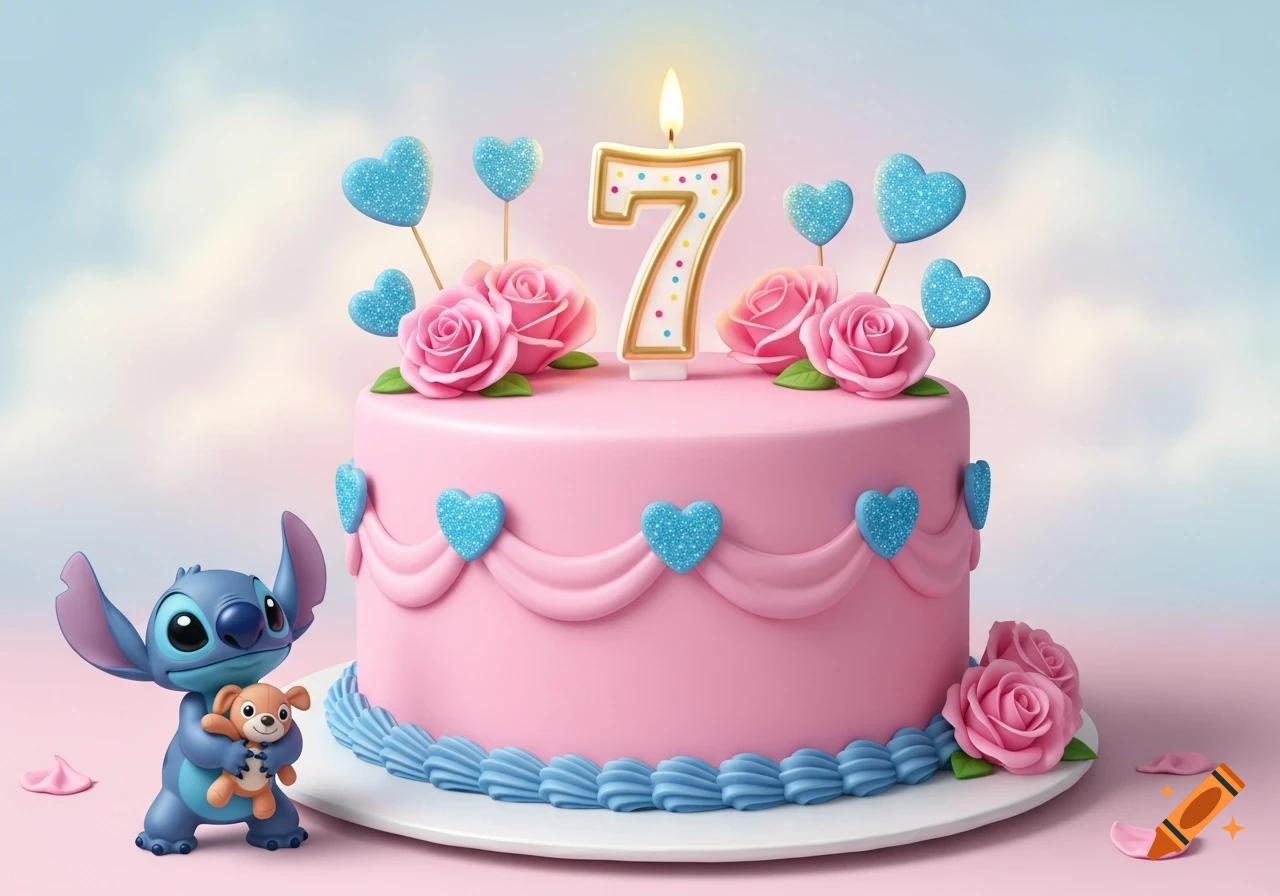 A 3D render of a pink birthday cake with a number 7 candle, pink roses, blue glitter hearts, and Stitch holding a teddy bear.