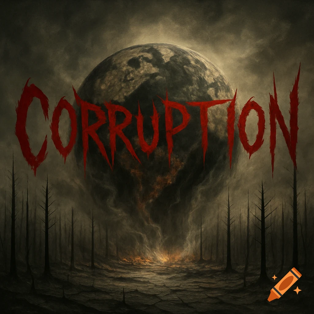 Apocalyptic landscape with a burning earth, barren trees, and the word 'CORRUPTION' in sharp red text.