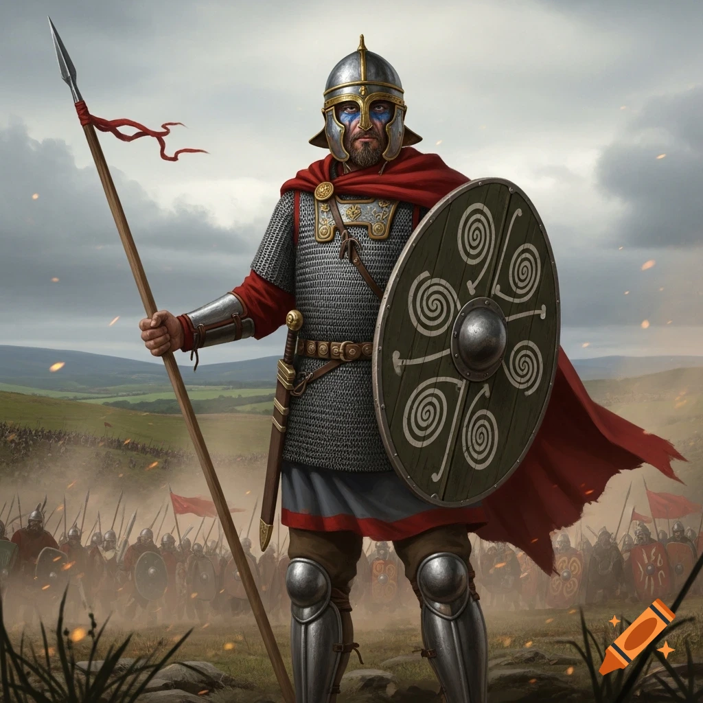 A detailed, painterly illustration of a Gallic warrior in chainmail and helmet, holding a spear and shield on a battlefield.