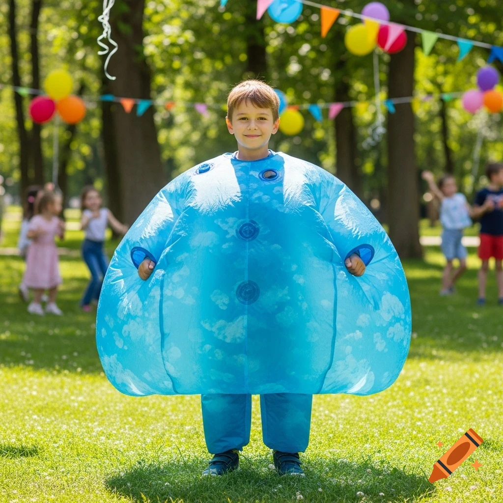 A smiling boy in a blue inflatable suit stands in a sunny park with other children and party decorations in the background.