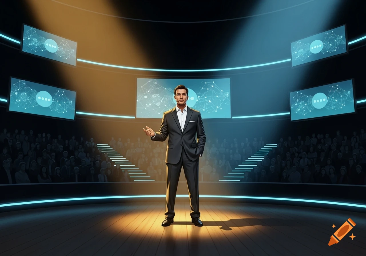 A man in a suit stands on a stage, presenting to an audience, with large digital screens displaying abstract network graphics in a modern auditorium.