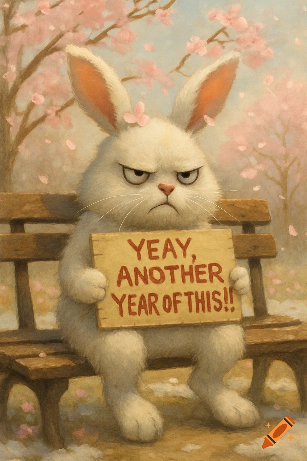 A grumpy white rabbit sits on a bench under pink cherry blossoms, holding a sign that reads 'YEAY, ANOTHER YEAR OF THIS!!' in an illustrative style.