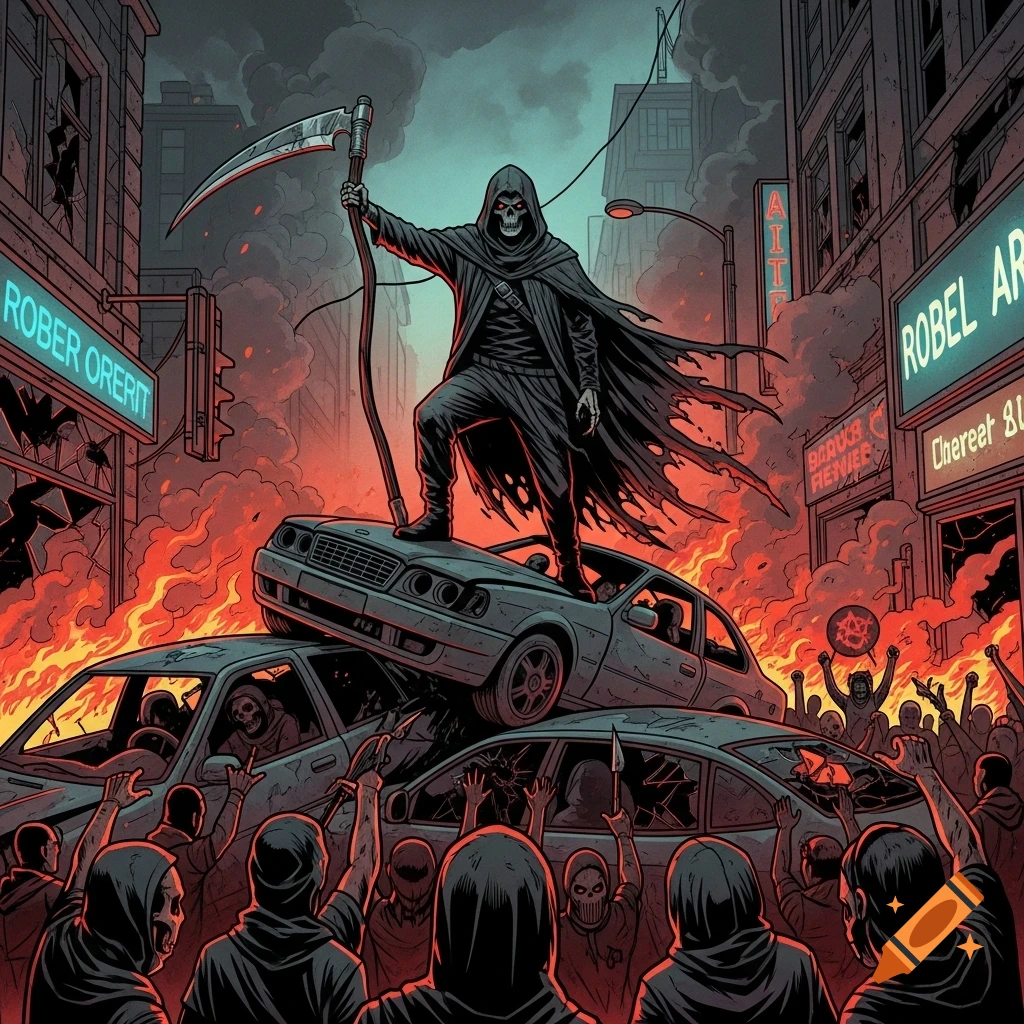A grim reaper leads a street riot from burning wrecked cars in a dark, smoke-filled city, in a graphic novel art style.