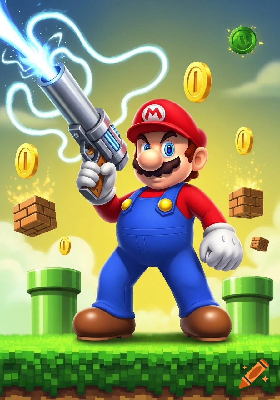 Cartoon Mario in his classic outfit, wielding a glowing laser gun, standing on pixelated grass with coins, brick blocks, and pipes.
