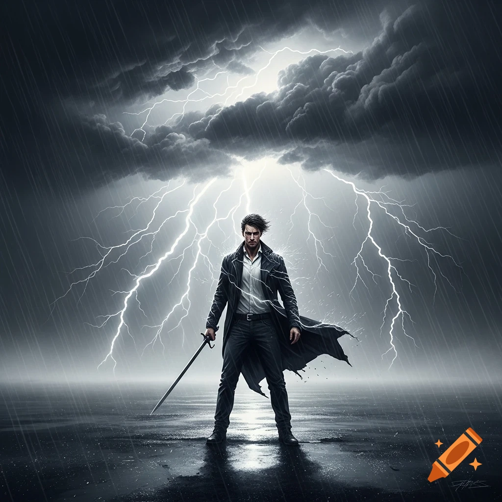 A man with a sword stands defiant in heavy rain under a dark, stormy sky with bright lightning striking down.