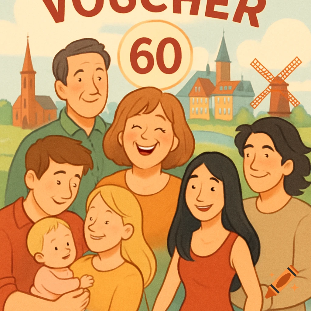 A colorful cartoon illustration of a diverse family of seven, including a baby, with a "VOUCHER 60" sign and a European village background.
