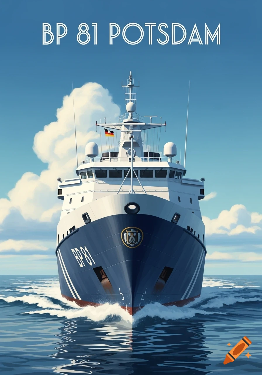 Stylized illustration of the German federal police ship BP 81 Potsdam seen from the front, cruising on blue water under a clear sky.