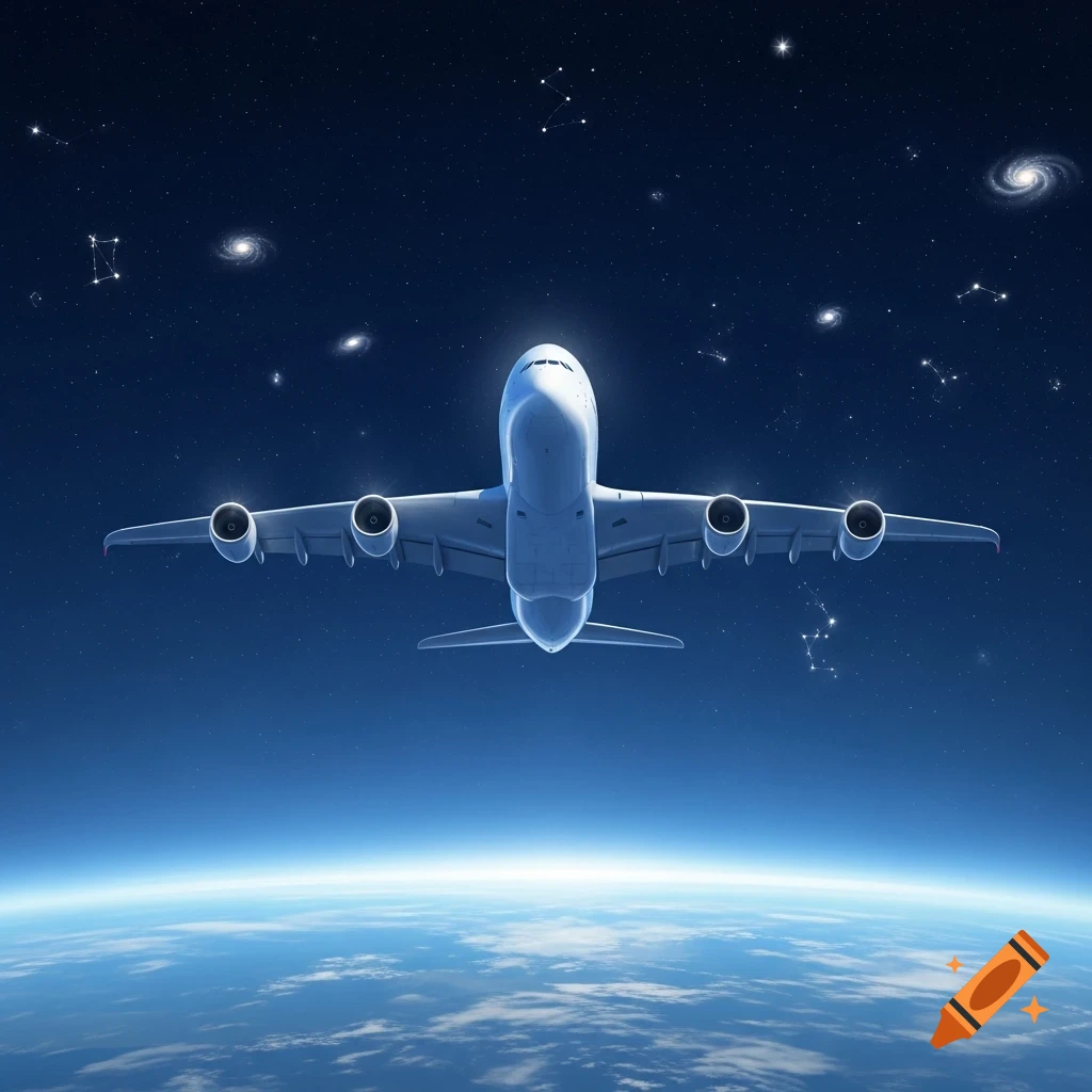 A photorealistic Airbus A380 airplane flies above Earth, set against a dark starry sky with galaxies.