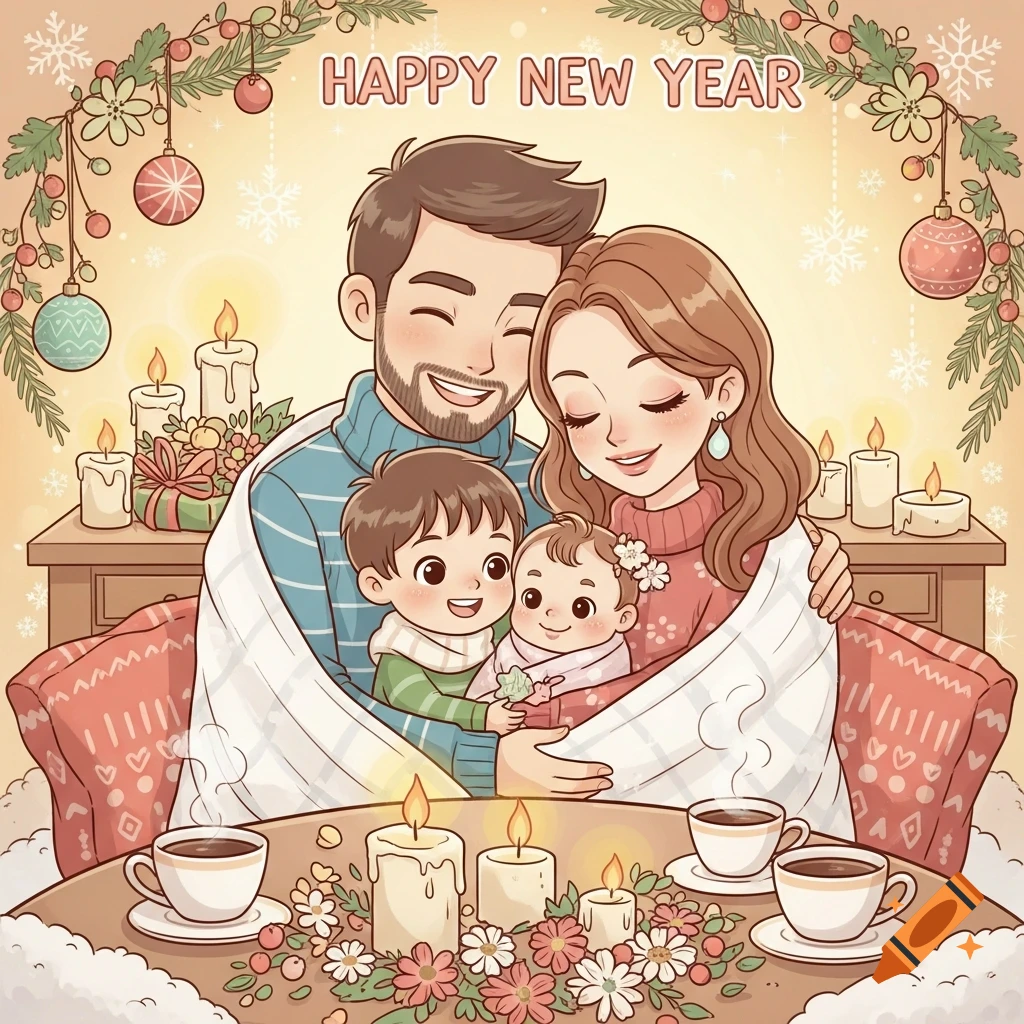 Cute cartoon family of four, including a baby, wrapped in a blanket, smiling in a warm New Year's setting with candles and coffee cups, text 'HAPPY NEW YEAR'.